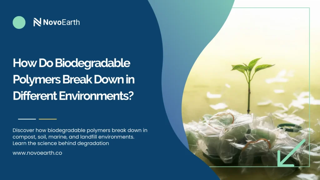 Banner image showing biodegradable plastic breaking down with a plant growing from plastic waste, illustrating how biodegradable polymers decompose in different environments.