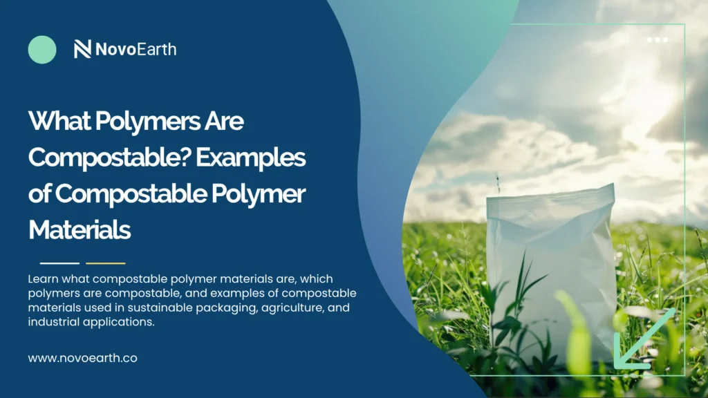 NovoEarth feature image showing compostable polymer material packaging placed in grass, representing sustainable compostable polymers used in agriculture and industrial applications.