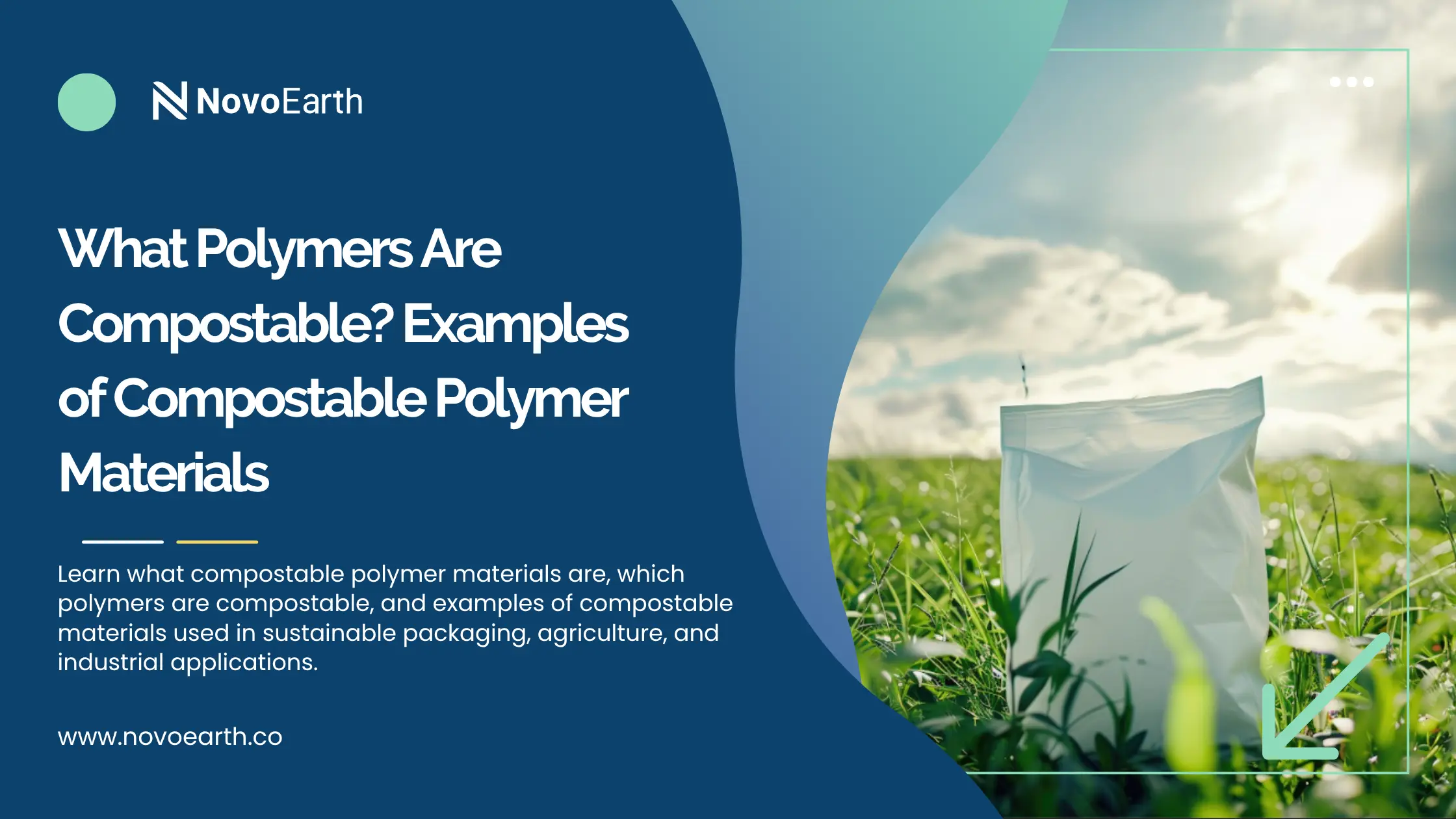 NovoEarth feature image showing compostable polymer material packaging placed in grass, representing sustainable compostable polymers used in agriculture and industrial applications.