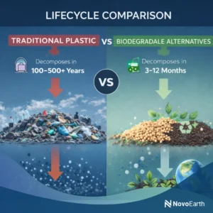 Square infographic comparing lifecycle of traditional plastic and biodegradable alternatives, showing plastic taking 100–500+ years to decompose with waste buildup, versus biodegradable materials decomposing in 3–12 months with reduced pollution and environmental impact, branded by NovoEarth