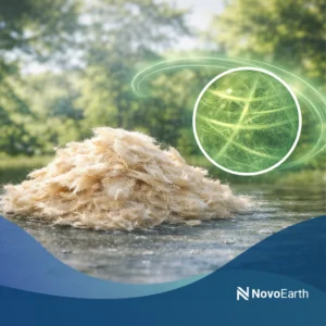 Cellulose-based biodegradable fibres with microscopic structure highlight, shown on a natural outdoor background representing sustainable alternatives to plastic