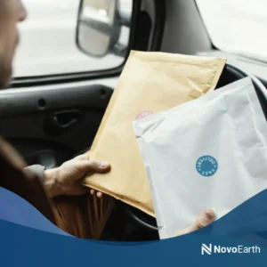 Person holding two eco-friendly packaging mailers inside a vehicle, representing sustainable material alternatives and reduced plastic usage.