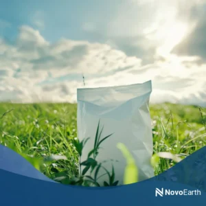 Minimalist white biodegradable pouch placed on green grass under sunlight, symbolising eco-friendly packaging and sustainable alternatives to plastic, with a natural outdoor background