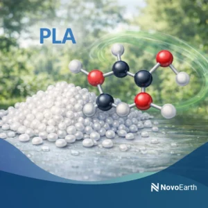 PLA biodegradable polymer pellets with molecular structure illustration placed on a surface with a green natural background, representing sustainable plastic alternatives