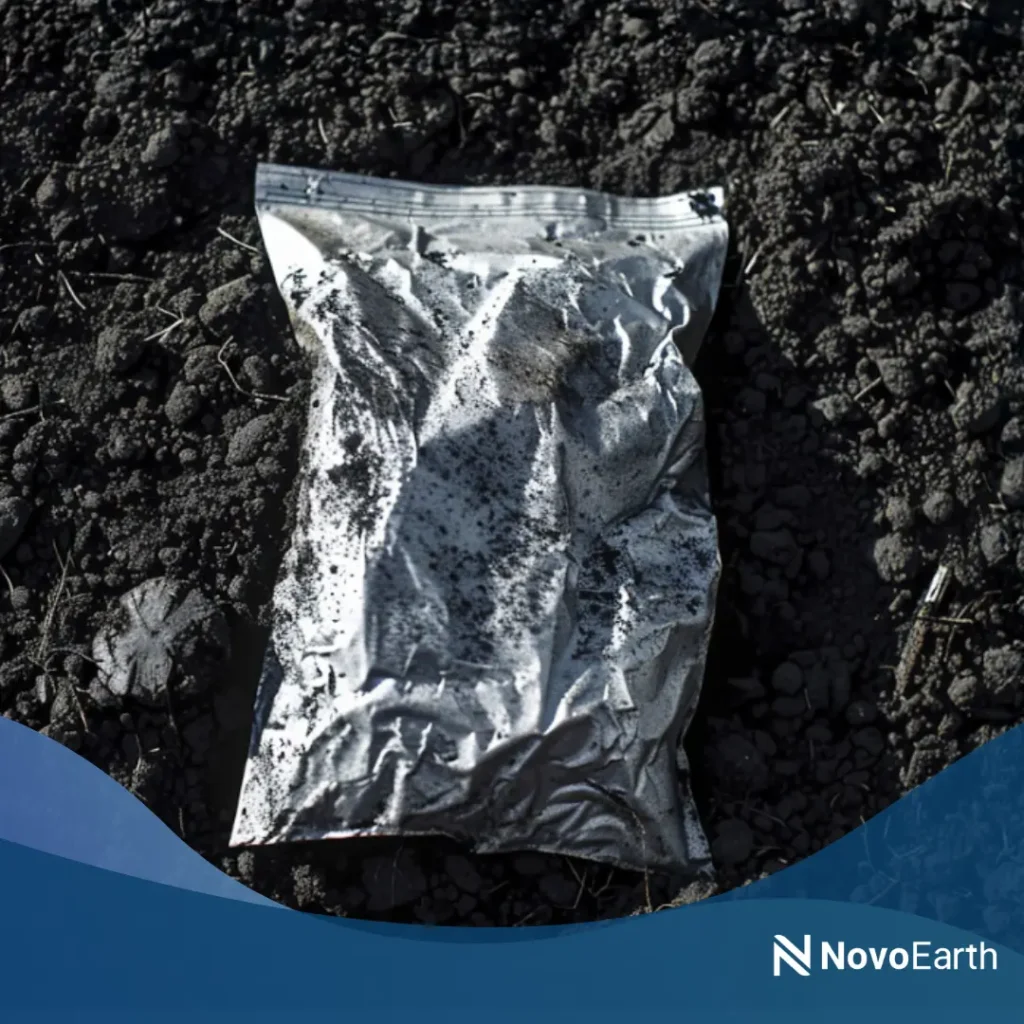 Biodegradable polymer pouch partially decomposing in soil, showing surface breakdown without visible microplastic residue, representing sustainable material degradation.