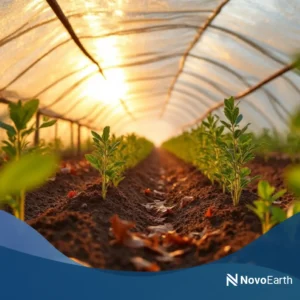 Rows of young plants growing in soil inside a greenhouse covered with biodegradable polymer film, illuminated by warm sunlight, representing sustainable agriculture and eco-friendly materials.