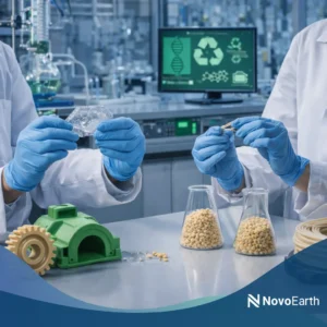 Modern laboratory setting showing researchers handling biodegradable polymer samples and pellets, with advanced equipment and NovoEarth branding, representing sustainable plastic alternatives research