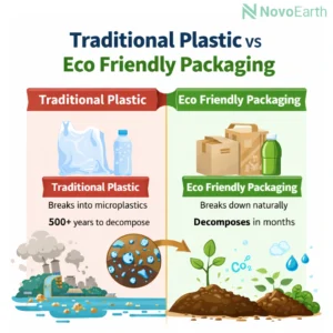 Comparison of traditional plastic vs eco-friendly packaging based on environmental impact and decomposition time
