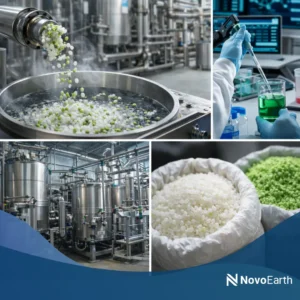 Industrial-scale biodegradable polymer production showing pellet processing, laboratory testing, large manufacturing units, and bulk raw material storage, representing scalable sustainable material innovation