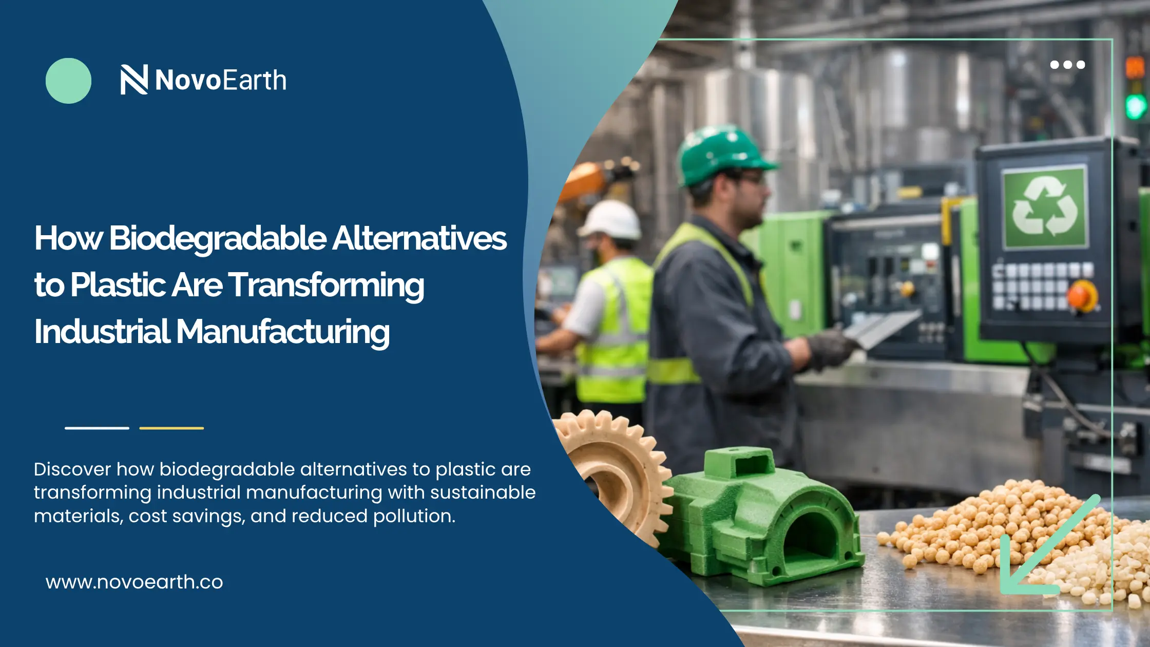 Banner showing industrial manufacturing with biodegradable polymer components and machinery, alongside NovoEarth branding and text about biodegradable alternatives to plastic transforming sustainable production