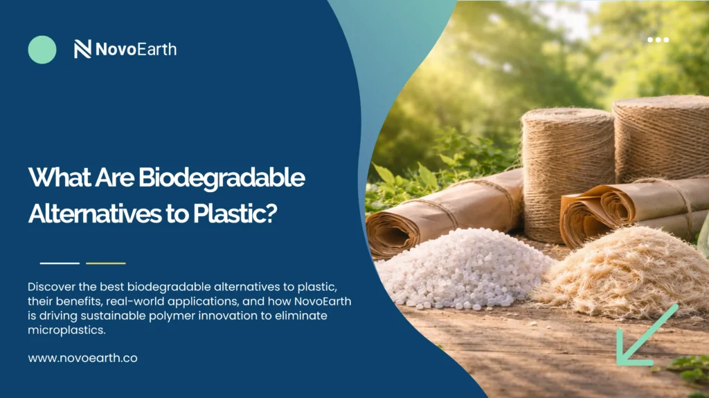Biodegradable polymer materials, including PLA pellets, cellulose fibres, and eco-friendly industrial materials, displayed on a wooden surface with a natural green outdoor background