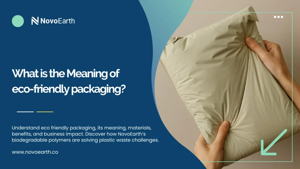 Promotional banner by NovoEarth explaining eco friendly packaging, featuring a person holding a flexible biodegradable packaging material alongside text about its meaning, benefits, and sustainable polymer solutions.