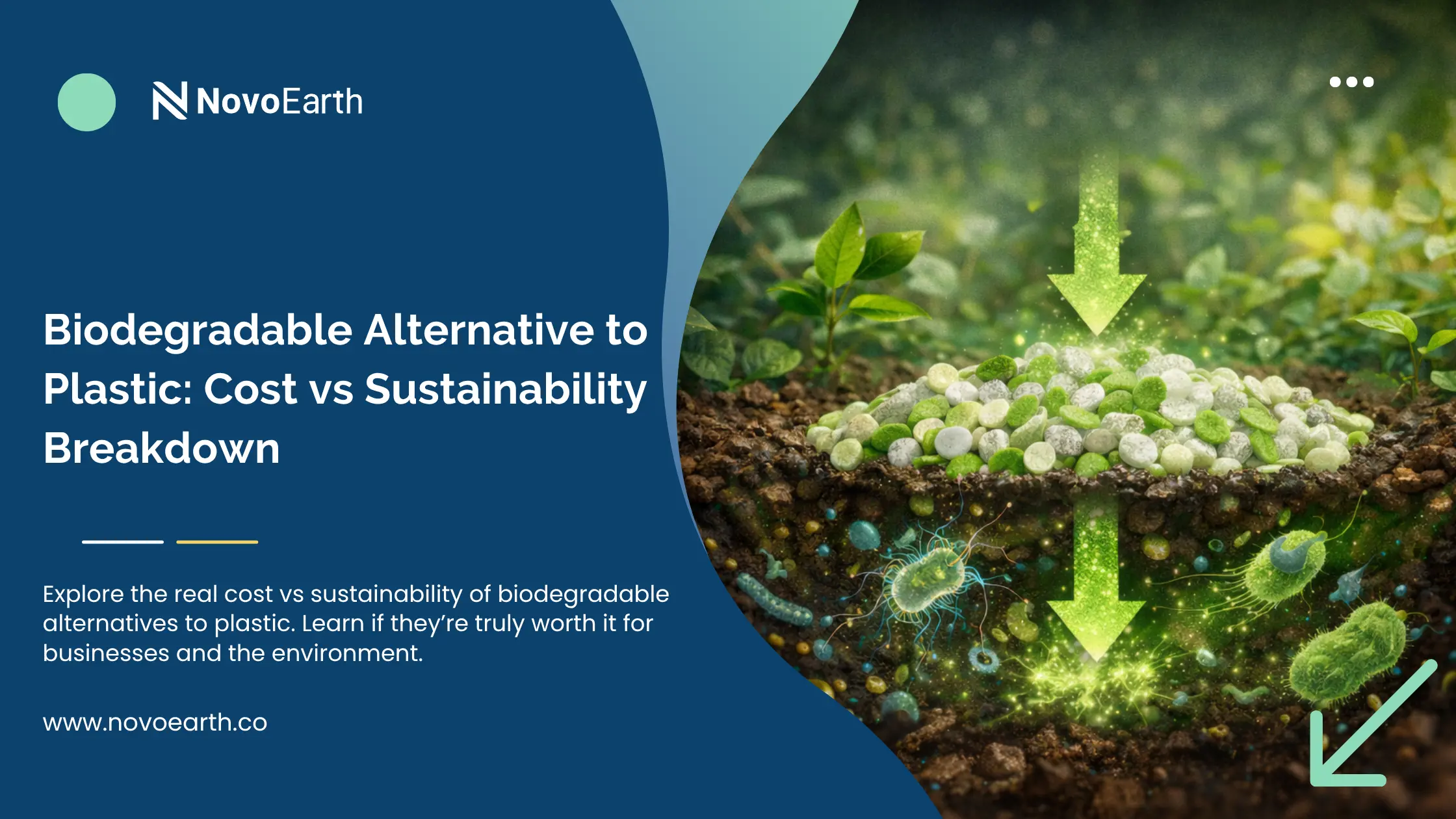 Split visual showing biodegradable polymer pellets decomposing in soil with microorganisms beneath, alongside NovoEarth branding and a headline about cost vs sustainability comparison