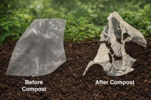 Biodegradable plastic material shown before and after composting, placed on soil with a natural green background, illustrating visible degradation and breakdown over time